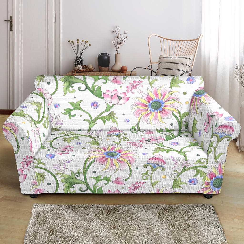 Beautiful Pink Lotus Waterlily Leaves Pattern Loveseat Couch Slipcover