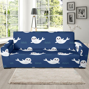 Cute White Baby Sea Lion Seal Pattern Sofa Slipcover