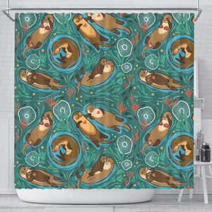 Cute Brown Sea Otters Ornamental Seaweed Corals Green Water Shower Curtain Fulfilled In US