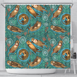 Cute Brown Sea Otters Ornamental Seaweed Corals Green Water Shower Curtain Fulfilled In US
