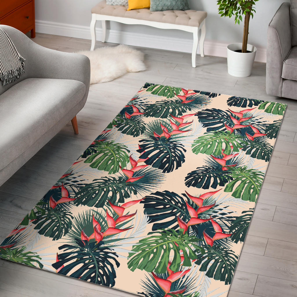 Heliconia Flowers, Palm And Monstera Leaves Area Rug