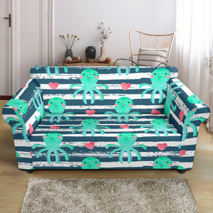 Cute Octopuses Heart Striped Background Loveseat Couch Slipcover