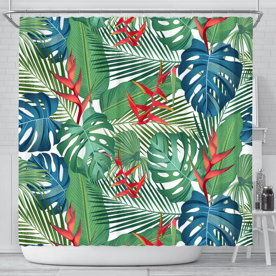 Heliconia Palm And Monstera  Leaves Pattern Shower Curtain Fulfilled In US