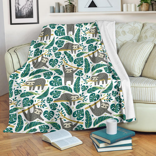 Cute Sloths Tropical Palm Leaves White Background Premium Blanket