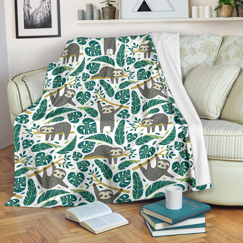Cute Sloths Tropical Palm Leaves White Background Premium Blanket