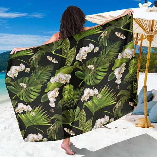 White Orchid Flower Tropical Leaves Pattern Blackground Sarong