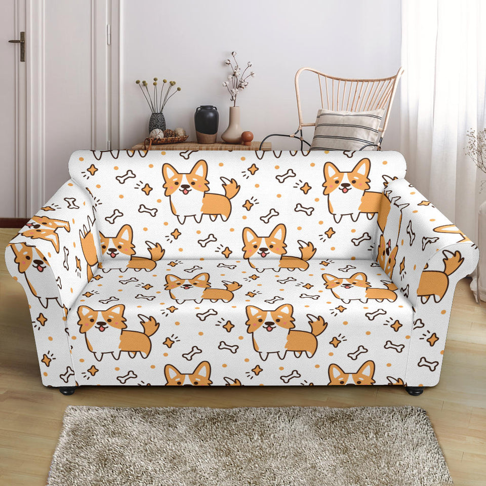 Cute Corgi Heart Star Bone Pattern Loveseat Couch Slipcover