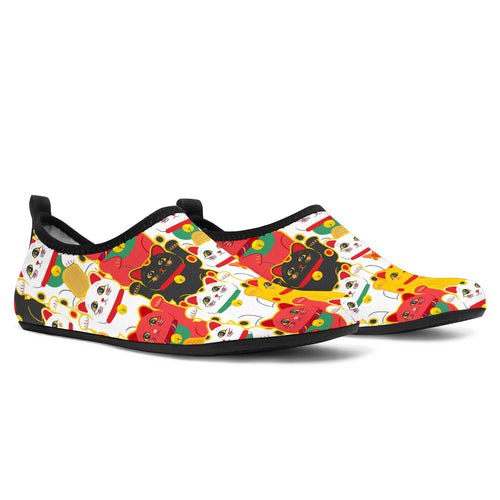 Colorful Maneki Neko Lucky Cat Pattern Aqua Shoes