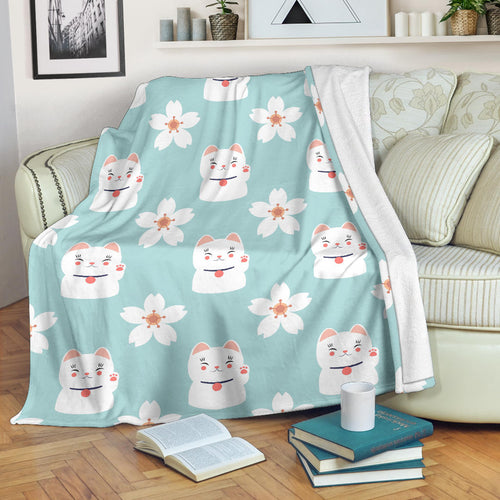 Maneki Neko Lucky Cat Sakura Premium Blanket