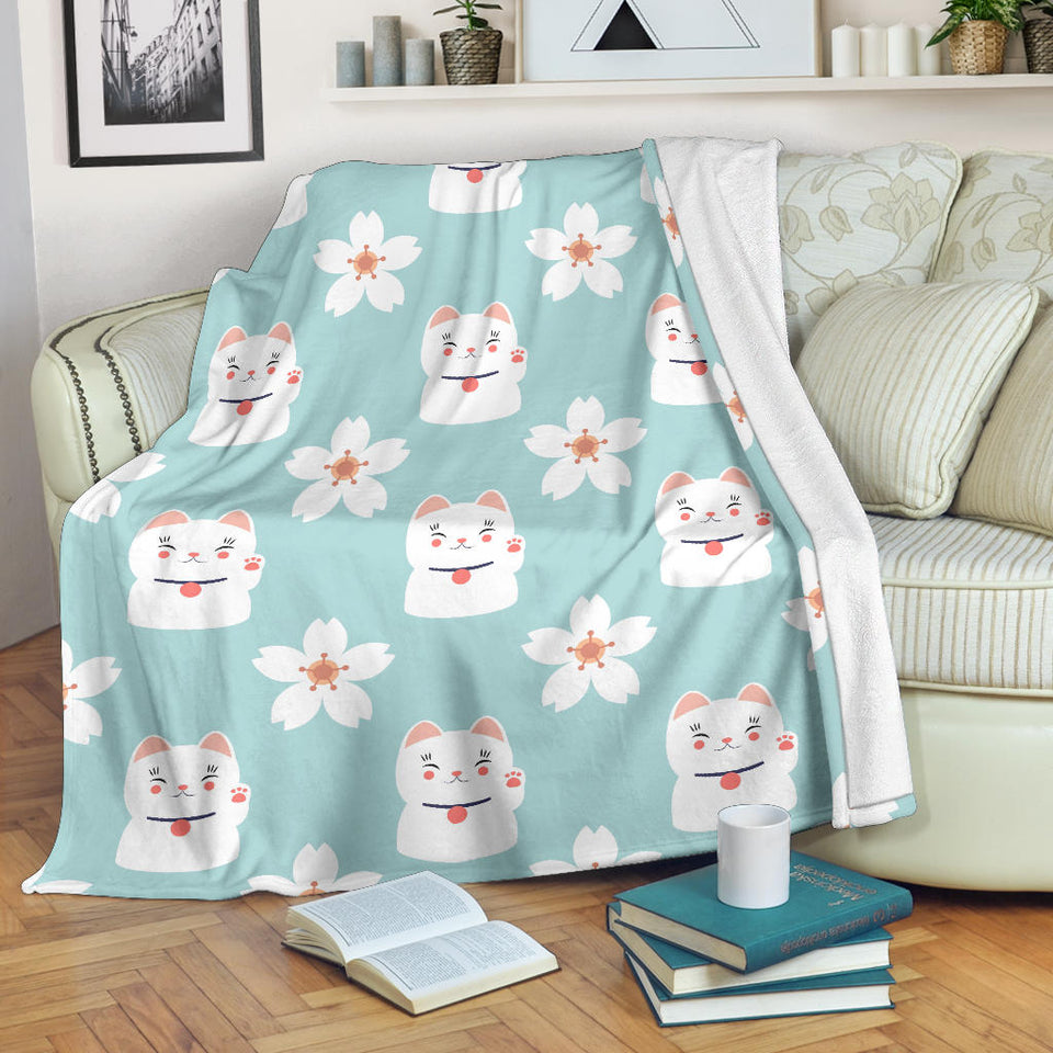 Maneki Neko Lucky Cat Sakura Premium Blanket