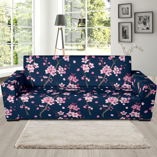 Pink Sakura Cherry Blossom Blue Background Sofa Slipcover