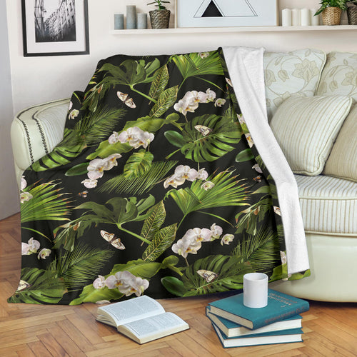 White Orchid Flower Tropical Leaves Pattern Blackground Premium Blanket