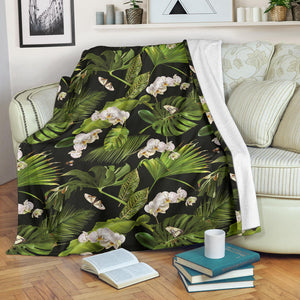 White Orchid Flower Tropical Leaves Pattern Blackground Premium Blanket