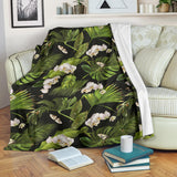 White Orchid Flower Tropical Leaves Pattern Blackground Premium Blanket