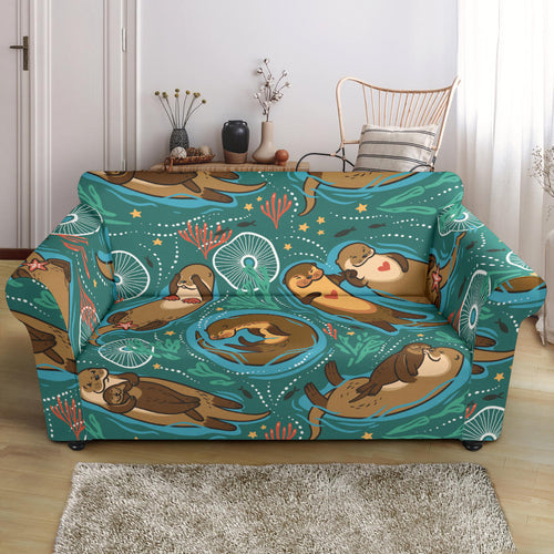 Cute Brown Sea Otters Ornamental Seaweed Corals Green Water Loveseat Couch Slipcover