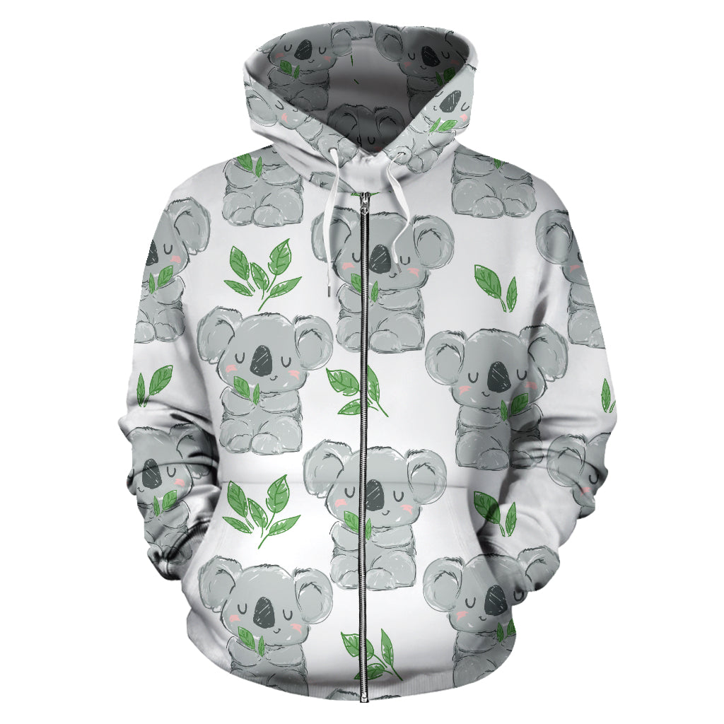 Hand Drawn Koala Leaves Pattern Zip Up Hoodie