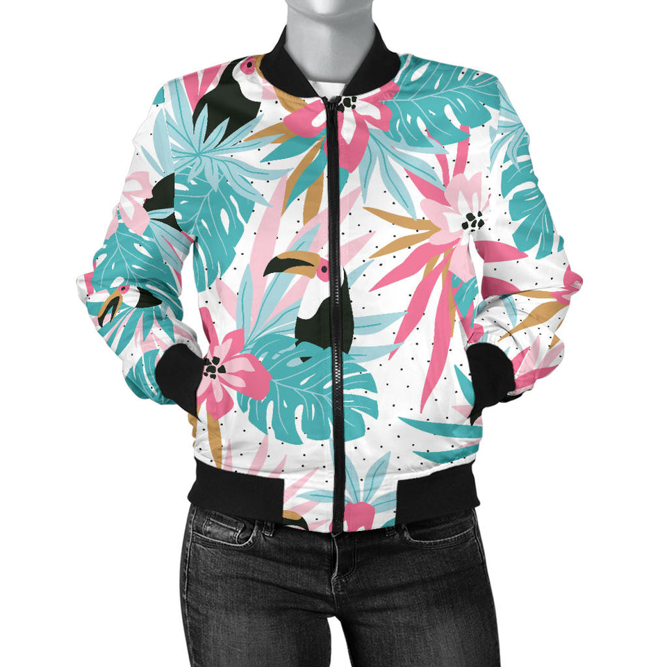 Toucan Tropical Flower Leave Pattern Women'S Bomber Jacket