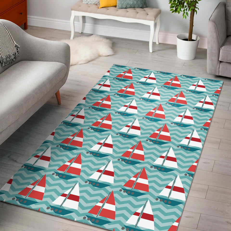Red White Sailboat Wave Background Area Rug
