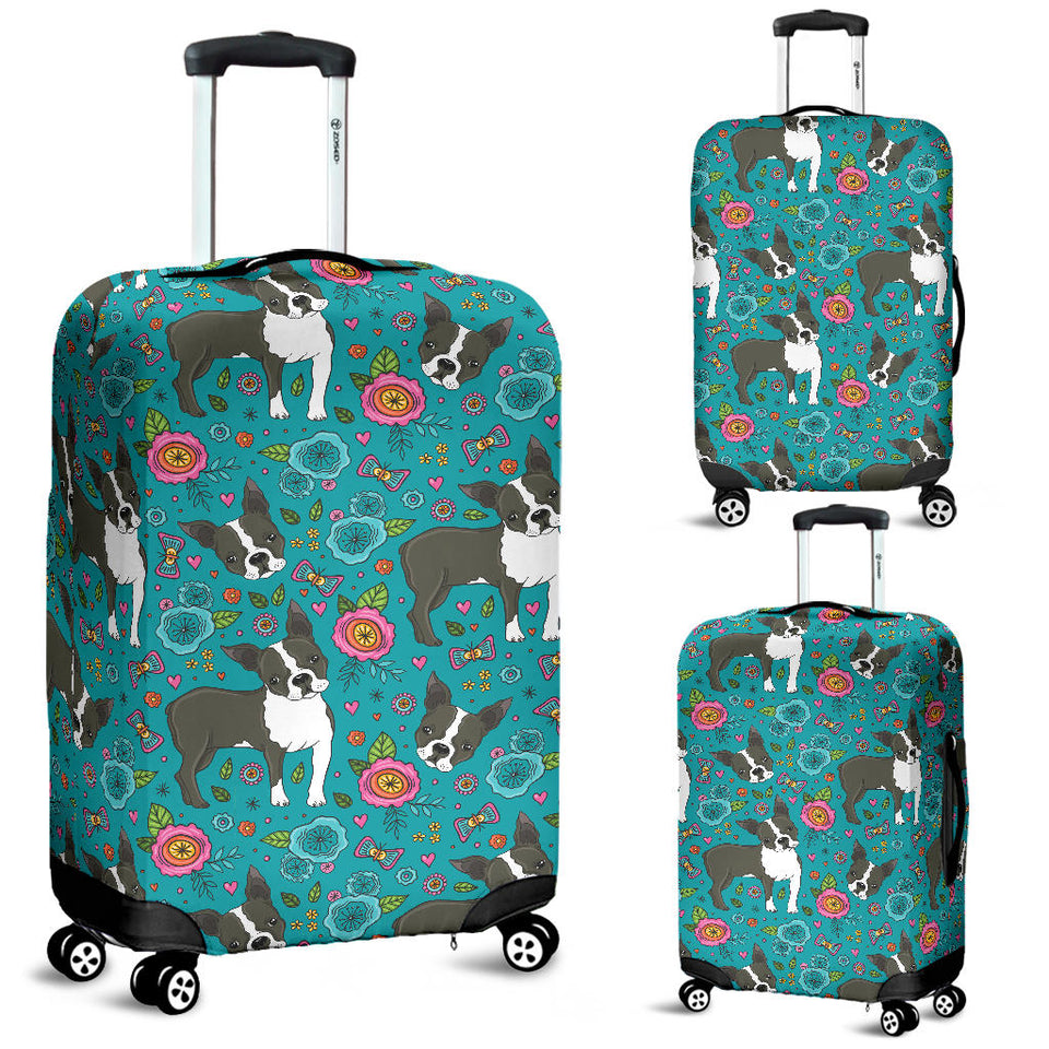 Boston Terrier Beautiful Flower Pattern Luggage Covers