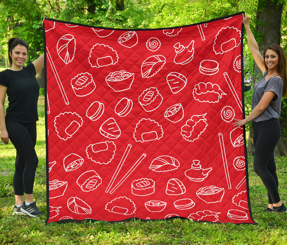 Sushi Pattern Red Background Premium Quilt