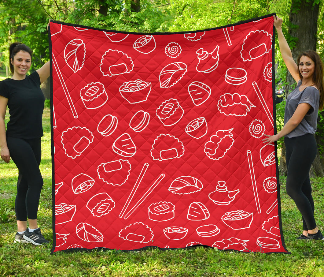 Sushi Pattern Red Background Premium Quilt