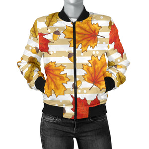 Maple Leaf Oak Leaf Acorns Beige Striped Background Women'S Bomber Jacket