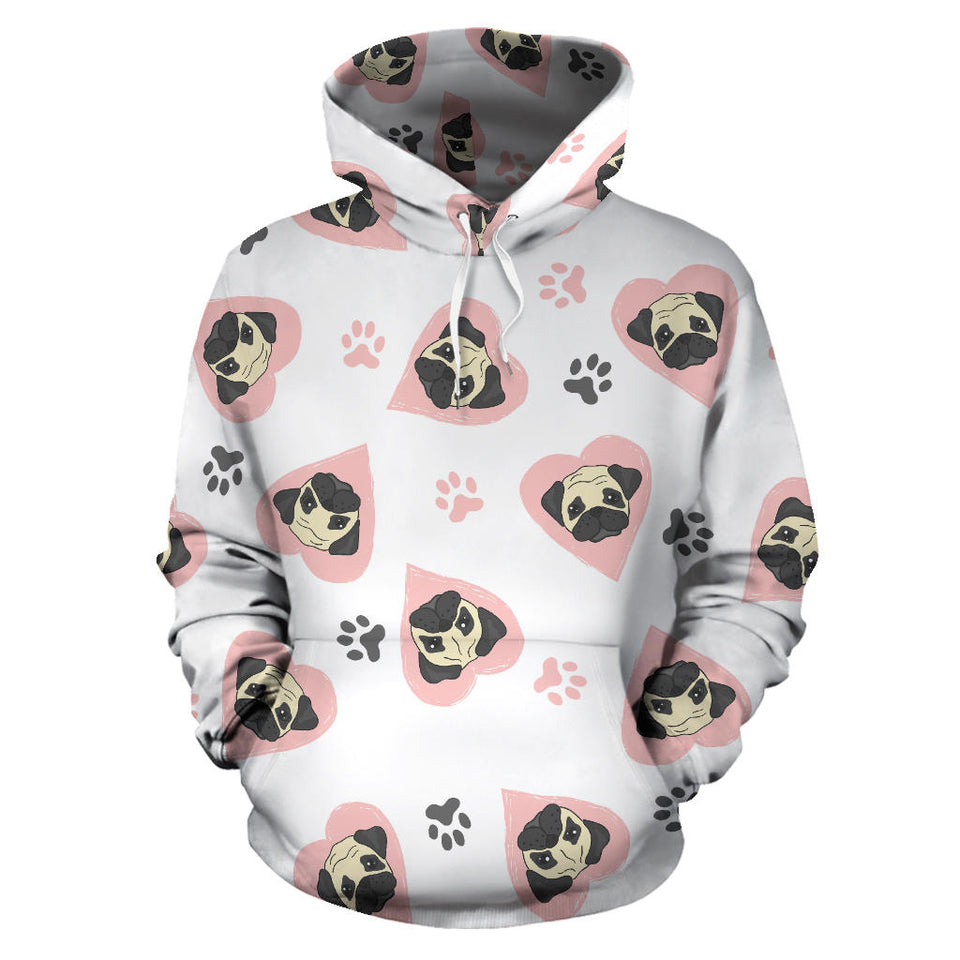 Cute Pugs Pink Heart Paw Pattern Men Women Pullover Hoodie