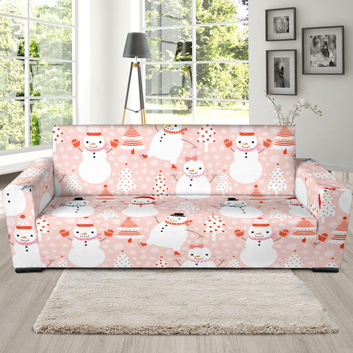 Cute Snowman Christmas Tree Snowpink Background Sofa Slipcover