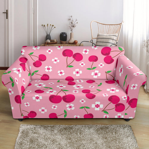 Cherry Flower Pattern Pink Background Loveseat Couch Slipcover