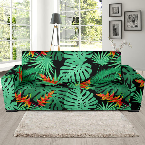Heliconia Flower Palm Monstera Leaves Black Background Sofa Slipcover