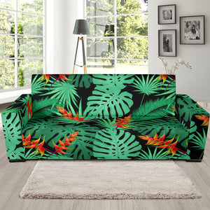 Heliconia Flower Palm Monstera Leaves Black Background Sofa Slipcover