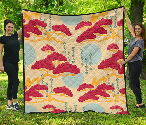Red Bonsai Gray Sun Japanese Pattern Premium Quilt