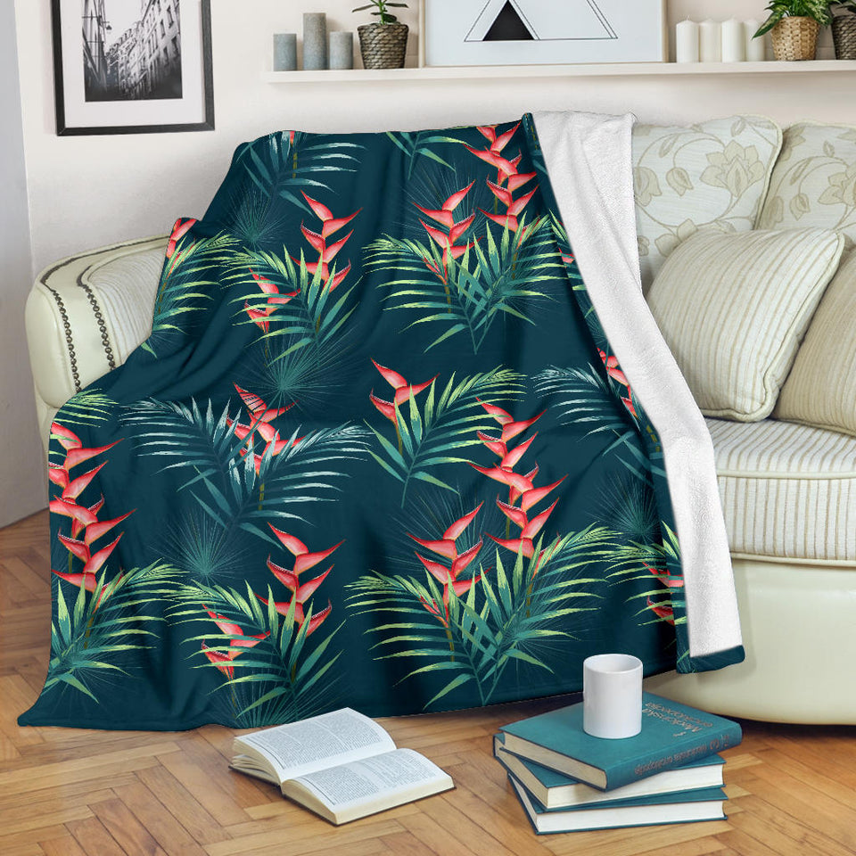 Heliconia Flowers, Palm And Monstera Leaves On Black Background Pattern Premium Blanket