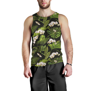 White orchid flower tropical leaves pattern blackground Men Tank Top