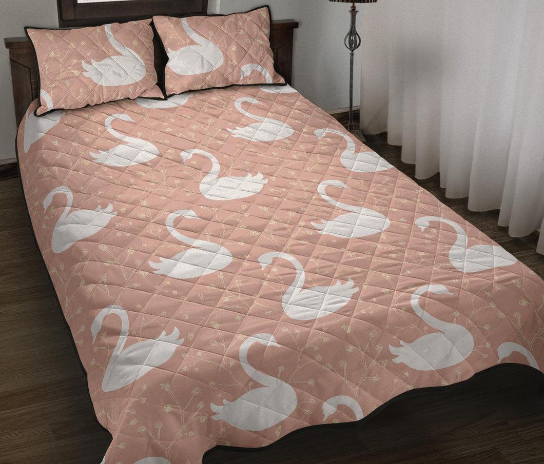 Swan flower light pink background Quilt Bed Set