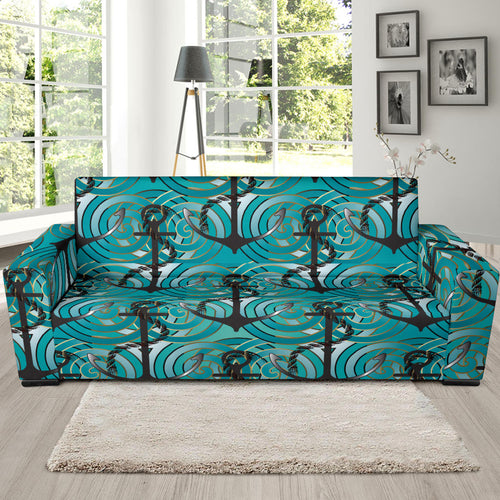 Anchor Nautical Green Background Sofa Slipcover