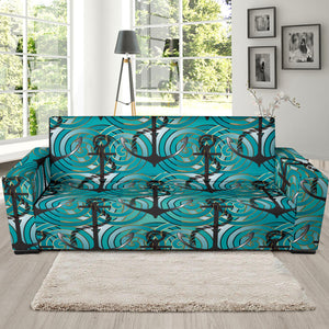 Anchor Nautical Green Background Sofa Slipcover