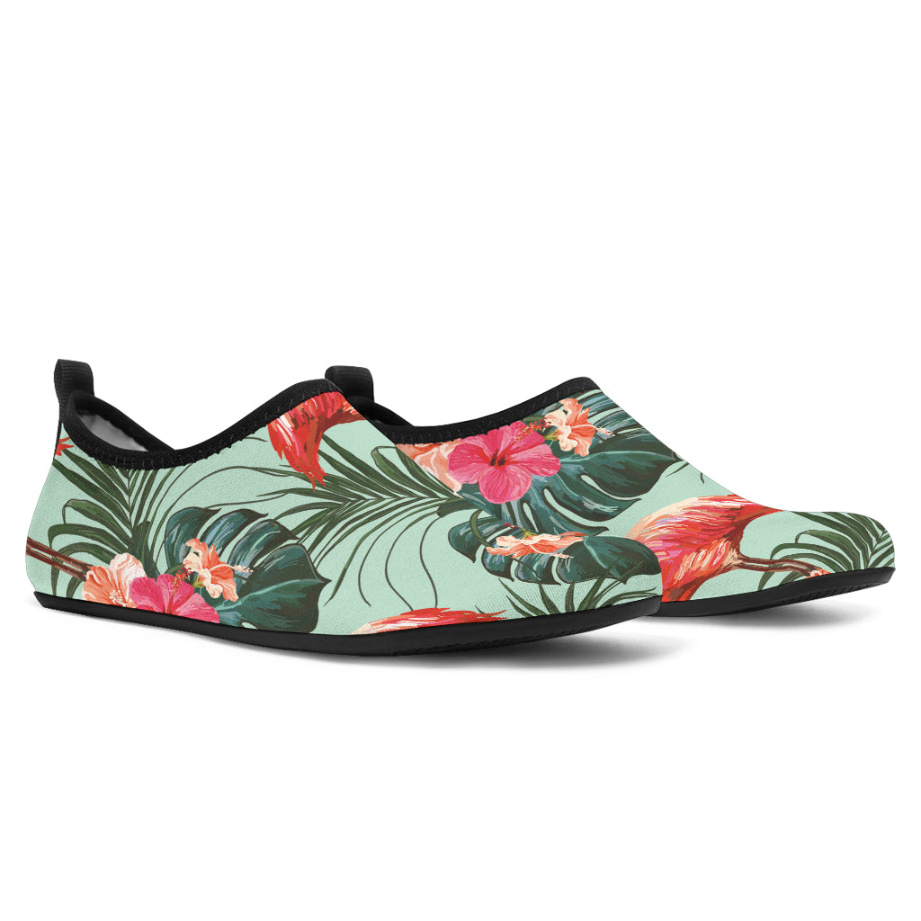 Beautiful Flamingo Tropical Palm Leaves Hibiscus Pateern Background Aqua Shoes