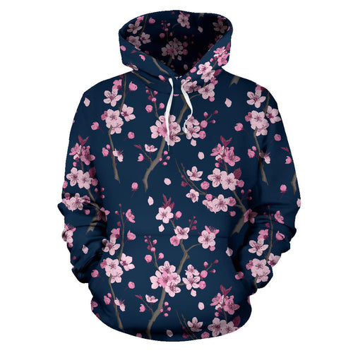Pink Sakura Cherry Blossom Blue Background Men Women Pullover Hoodie