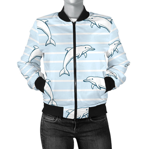 Dolphin Blue Striped Background Women'S Bomber Jacket