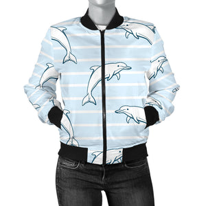 Dolphin Blue Striped Background Women'S Bomber Jacket