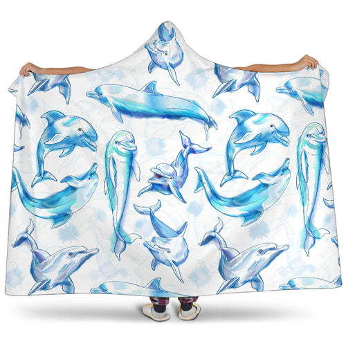 Watercolor Dolphin Pattern Hooded Blanket