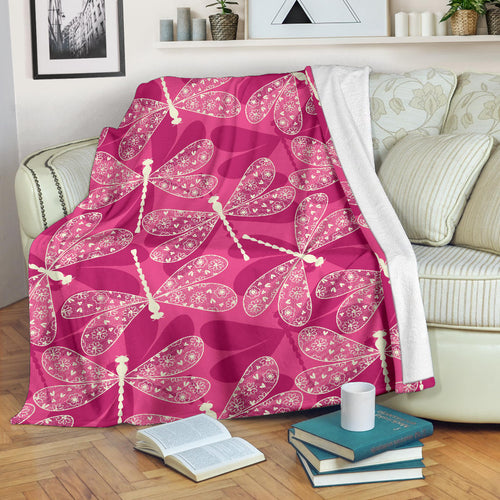 Beautiful Dragonfly Pink Background Premium Blanket