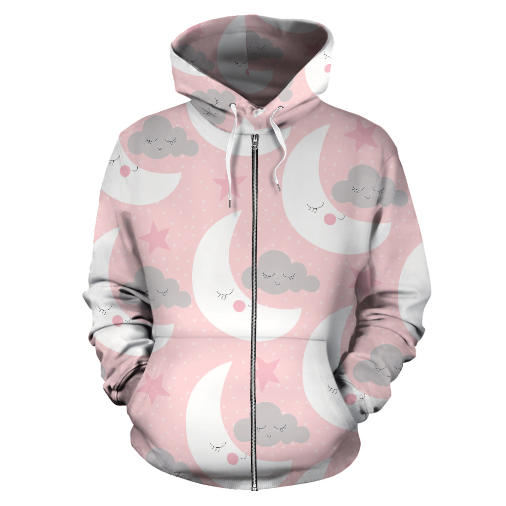 Cute Moon Cloud Star Pattern Pink Dot Background Zip Up Hoodie