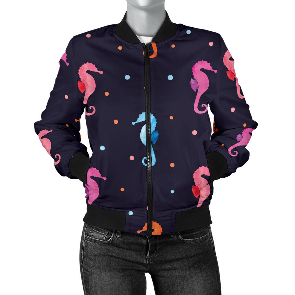Watercolor Colorful Seahorse Pattern Women'S Bomber Jacket