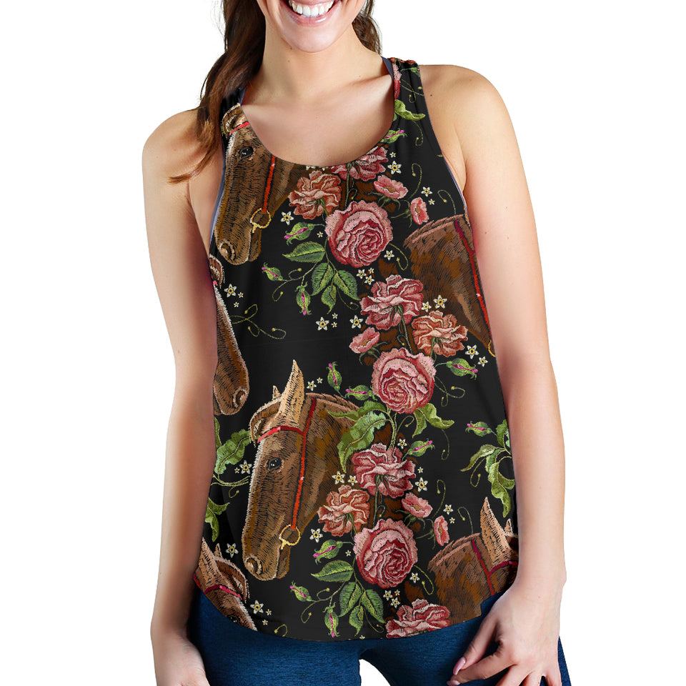 Horse head wild roses pattern Women Racerback Tank Top