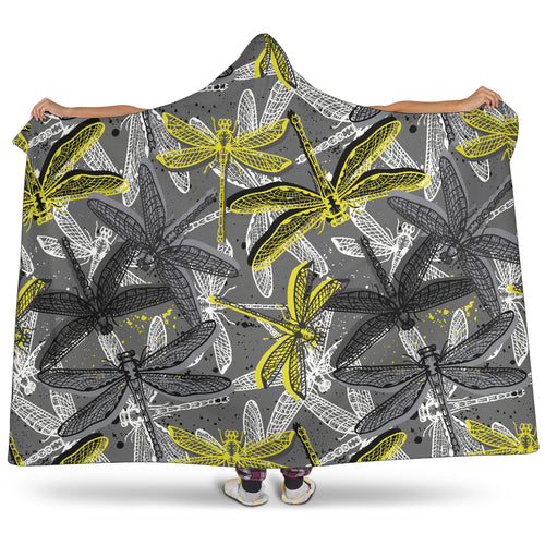 Hand Drawn Dragonfly Pattern Hooded Blanket