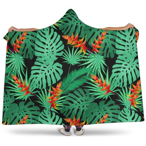 Heliconia Flower Palm Monstera Leaves Black Background Hooded Blanket
