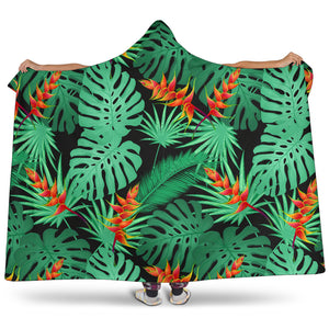 Heliconia Flower Palm Monstera Leaves Black Background Hooded Blanket