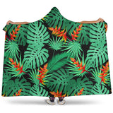 Heliconia Flower Palm Monstera Leaves Black Background Hooded Blanket